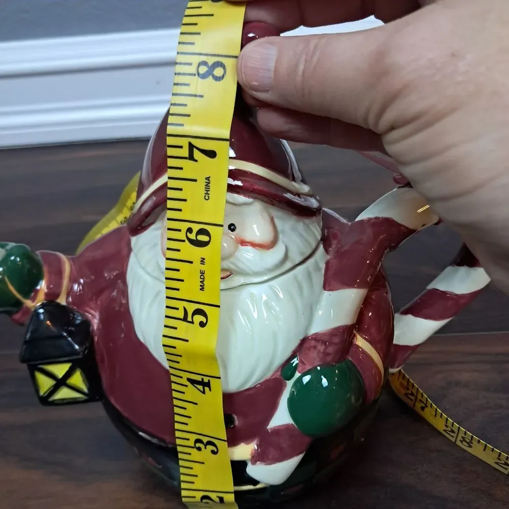 Vintage Christmas Santa Teapot Candy Cane Handle Ceramic Holiday Tea Pot Lantern